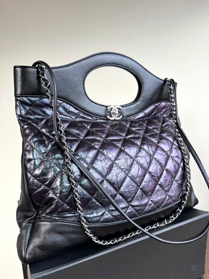 Pre-owned Chanel 31bag Large Black Purple Waxed Leather Tote Bag