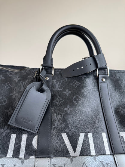 Pre-owned Louis Vuitton Keepall 50 Black Silver Eclipse Split Travel Bag