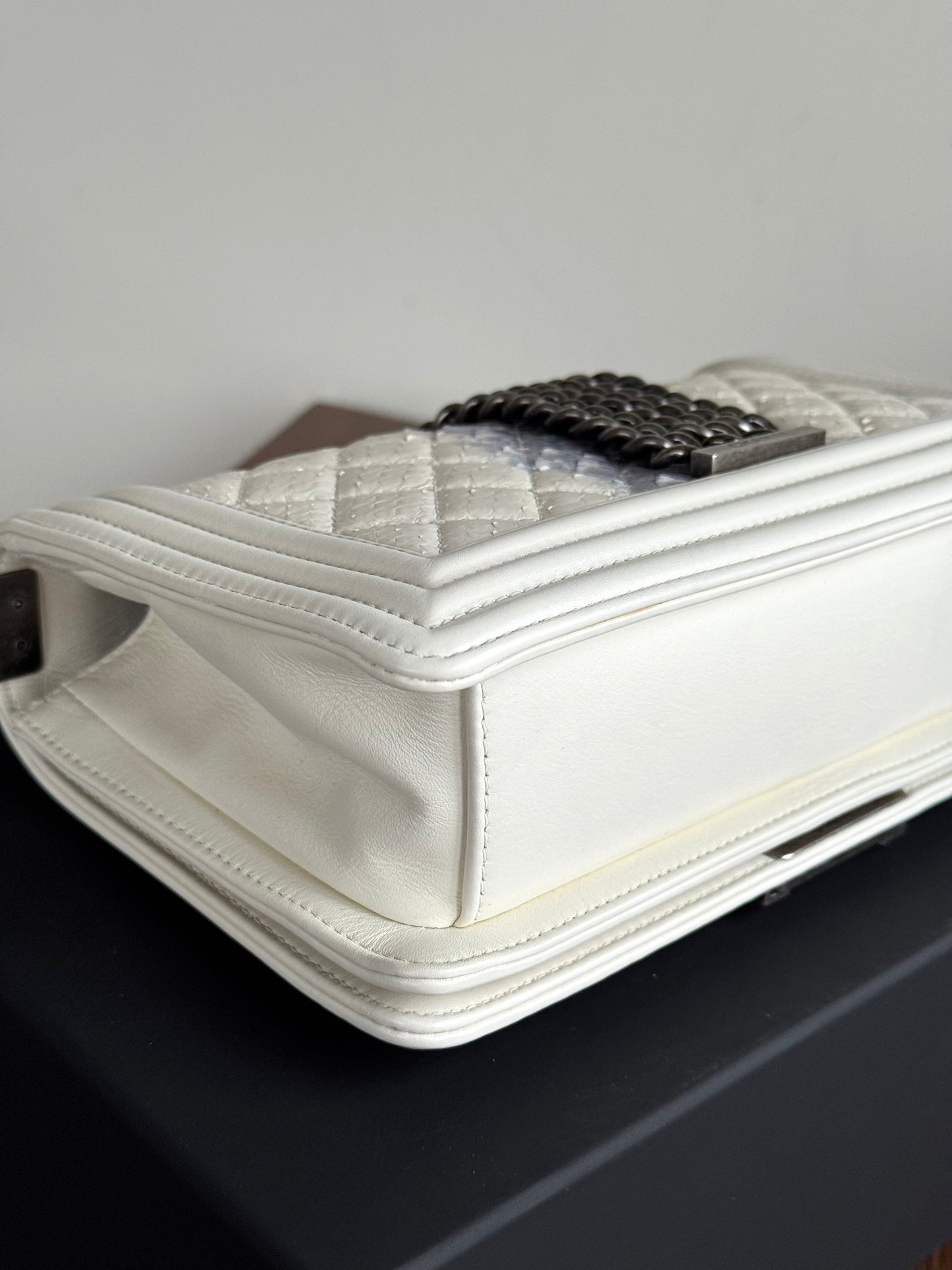 Pre-owned Chanel Boy Medium Off White Python Chain Around Flap Bag