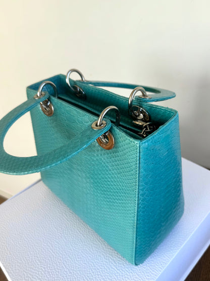 Pre-owned Dior Lady Dior Medium Tiffany Blue Python Bag