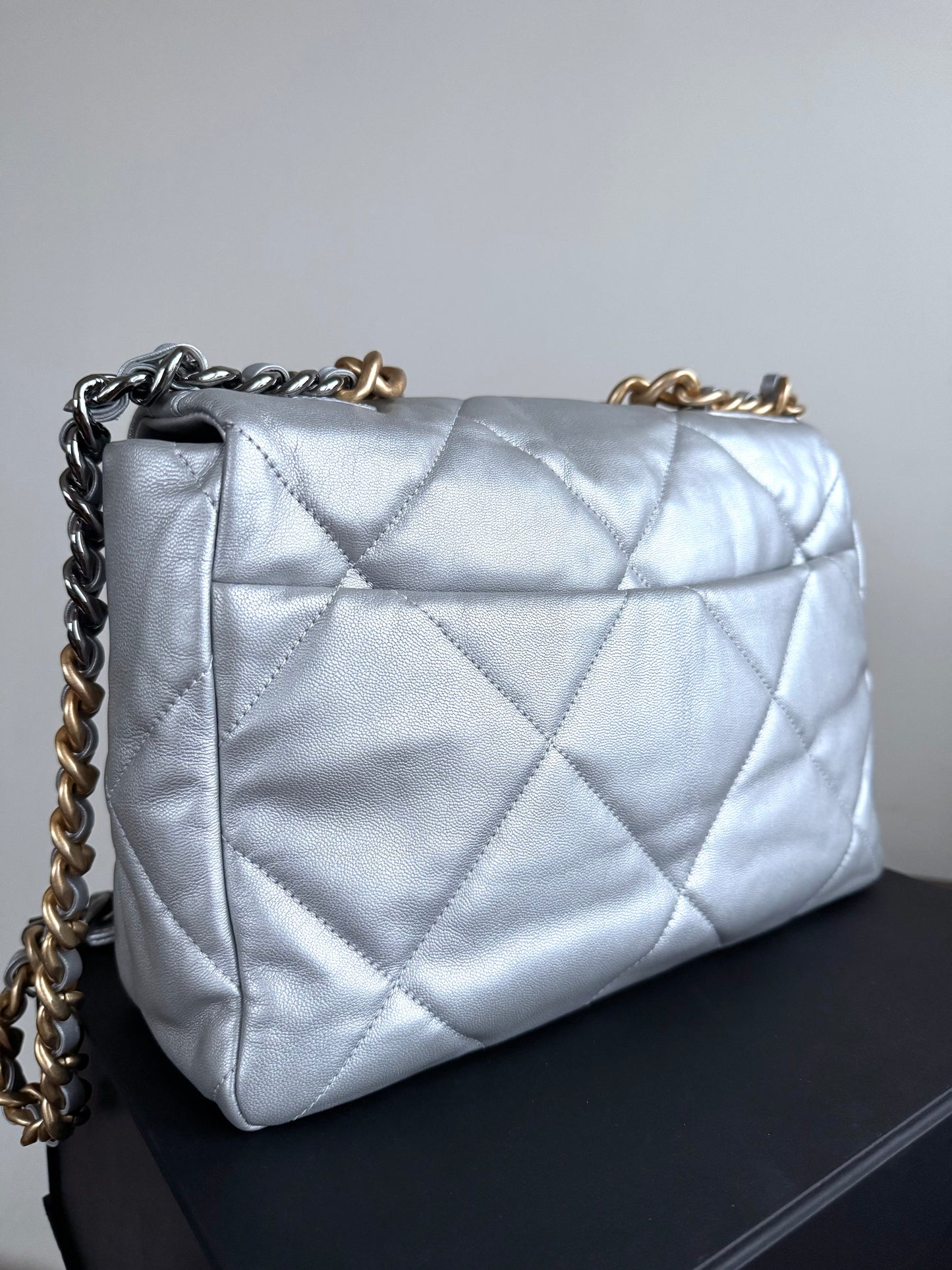 Pre-owned Chanel 19 Large Silver Lambskin Flap Bag