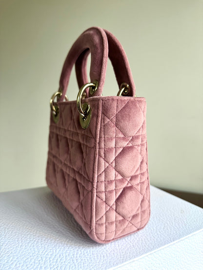 Pre-owned Dior Lady Dior Mini Crystal Dusty Rose Velvet Bag Limited Edition