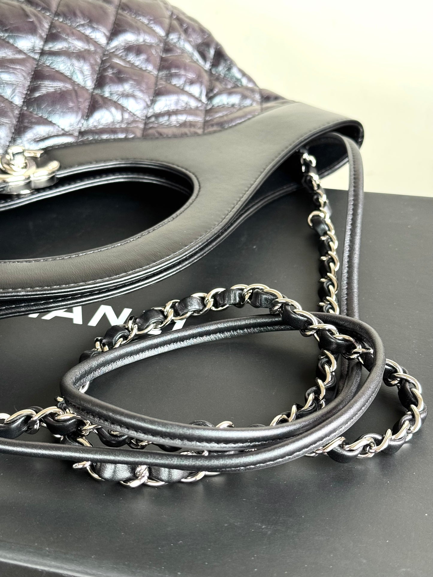 Pre-owned Chanel 31bag Large Black Purple Waxed Leather Tote Bag