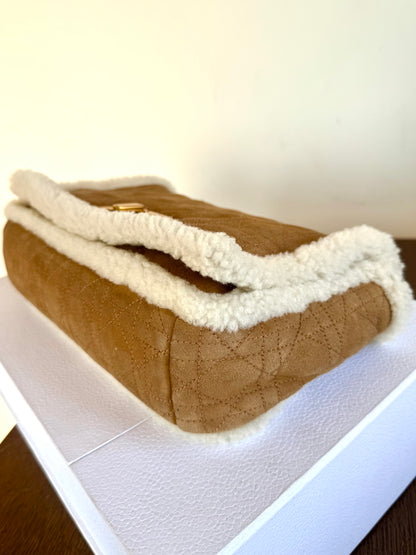 Pre-owned Dior Caro Large Camel Shearling Cannage Flap Bag