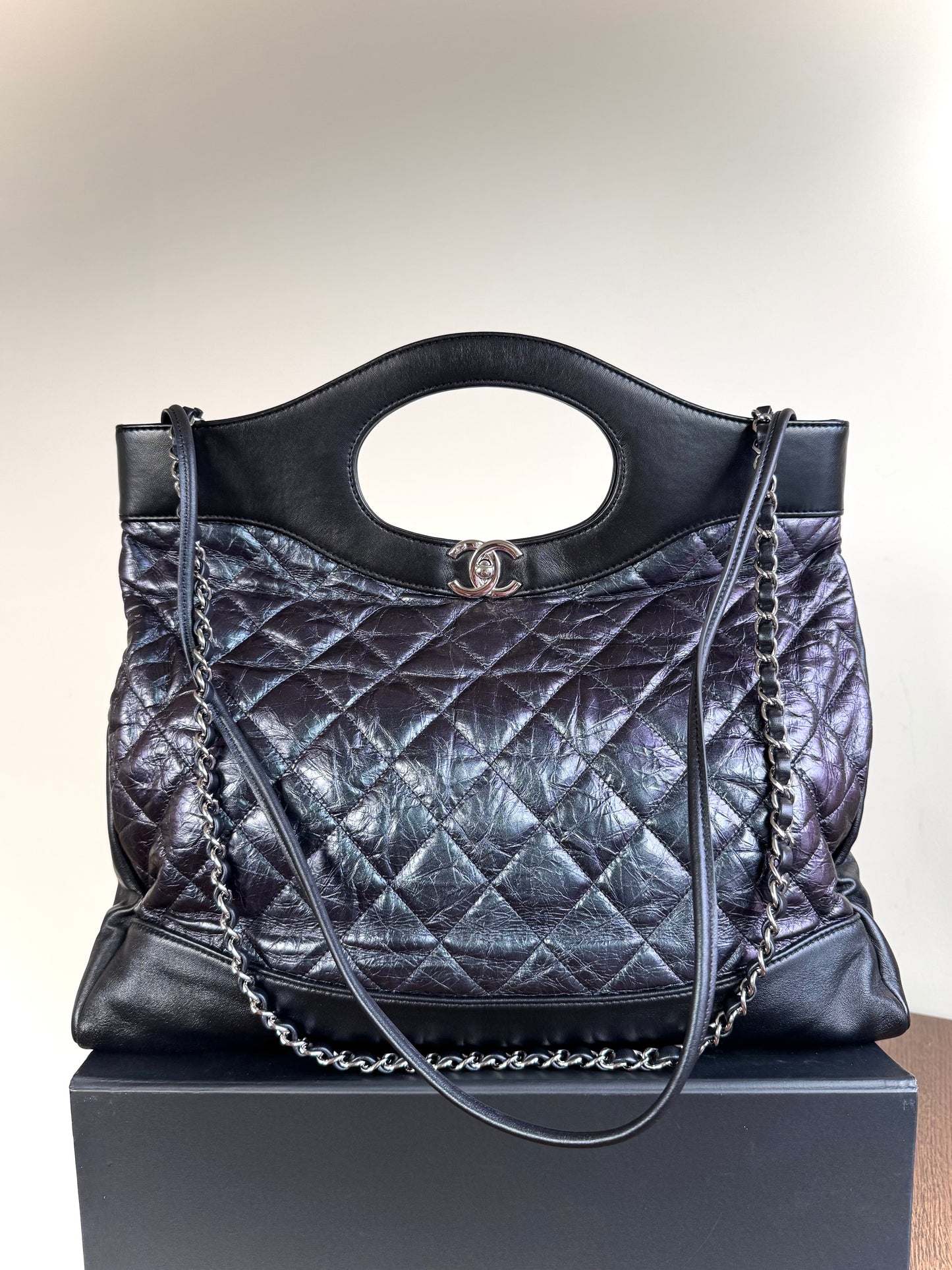 Pre-owned Chanel 31bag Large Black Purple Waxed Leather Tote Bag