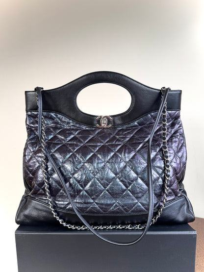 Pre-owned Chanel 31bag Large Black Purple Waxed Leather Tote Bag