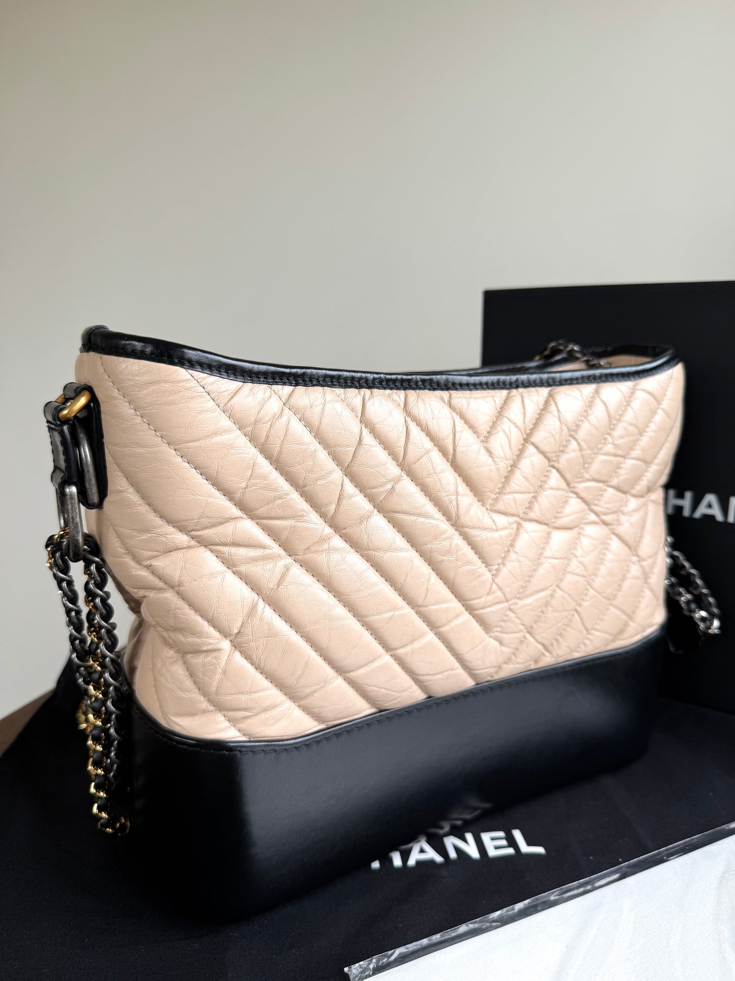 Pre-owned Chanel Gabrielle Medium V-Stitch Beige Black Leather Hobo Bag