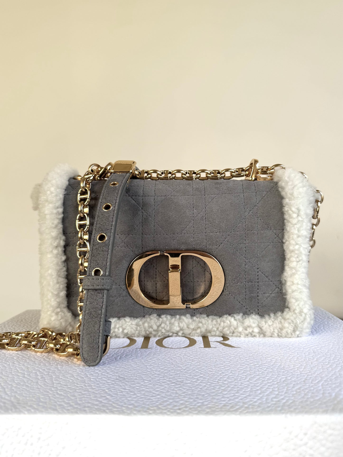 Pre-owned Dior Caro Small Grey Shearling Cannage Flap Bag