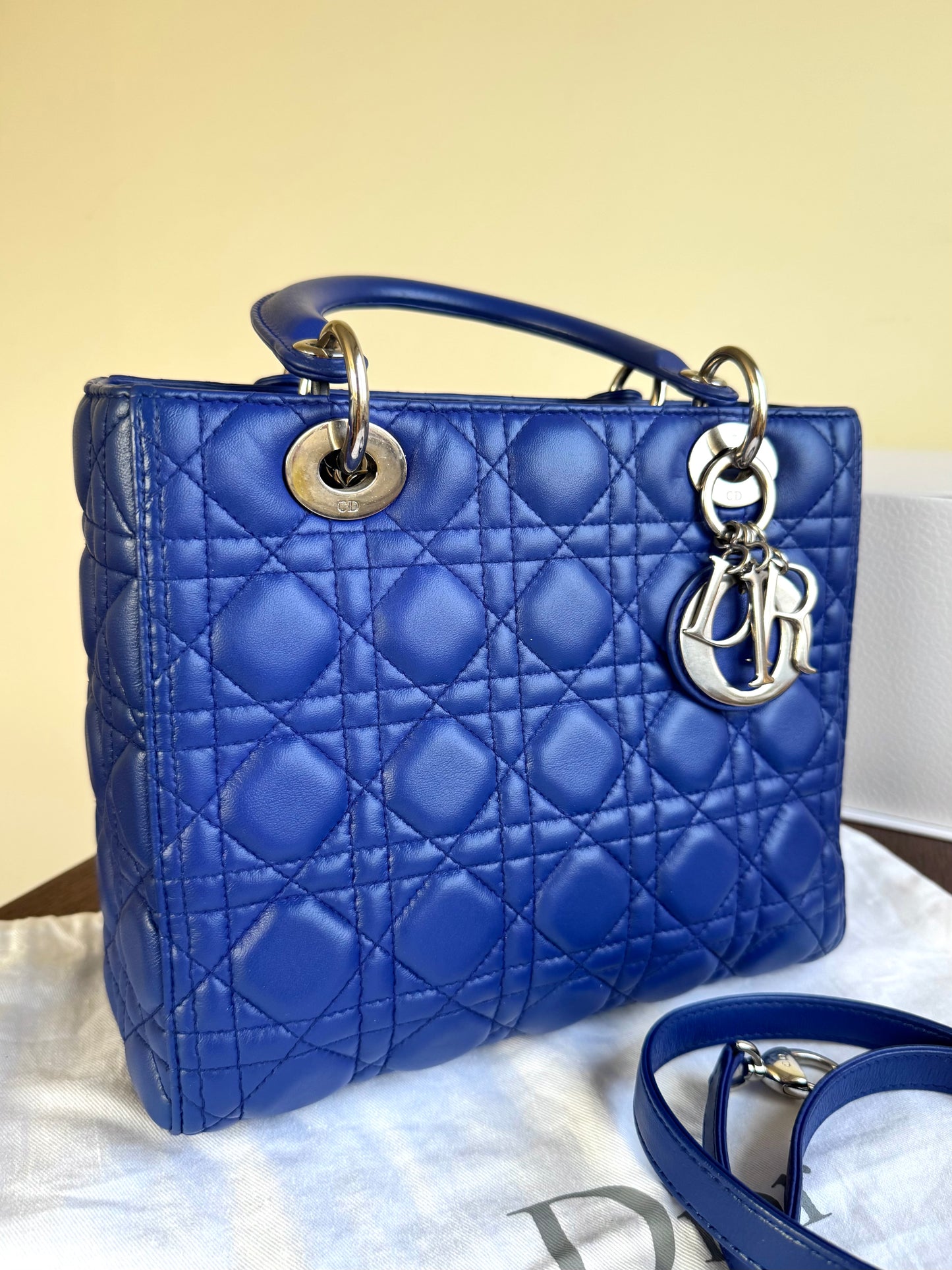 Pre-owned Dior Lady Dior Medium Blue Lambskin Bag