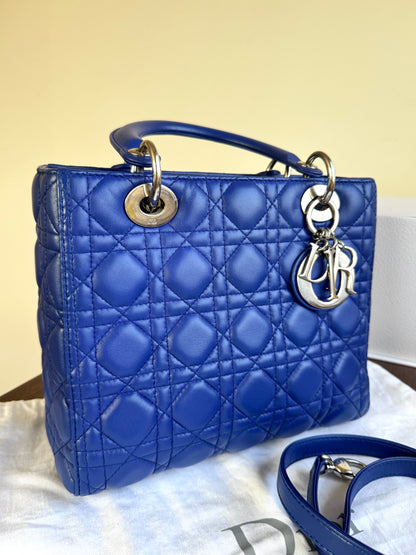 Pre-owned Dior Lady Dior Medium Blue Lambskin Bag