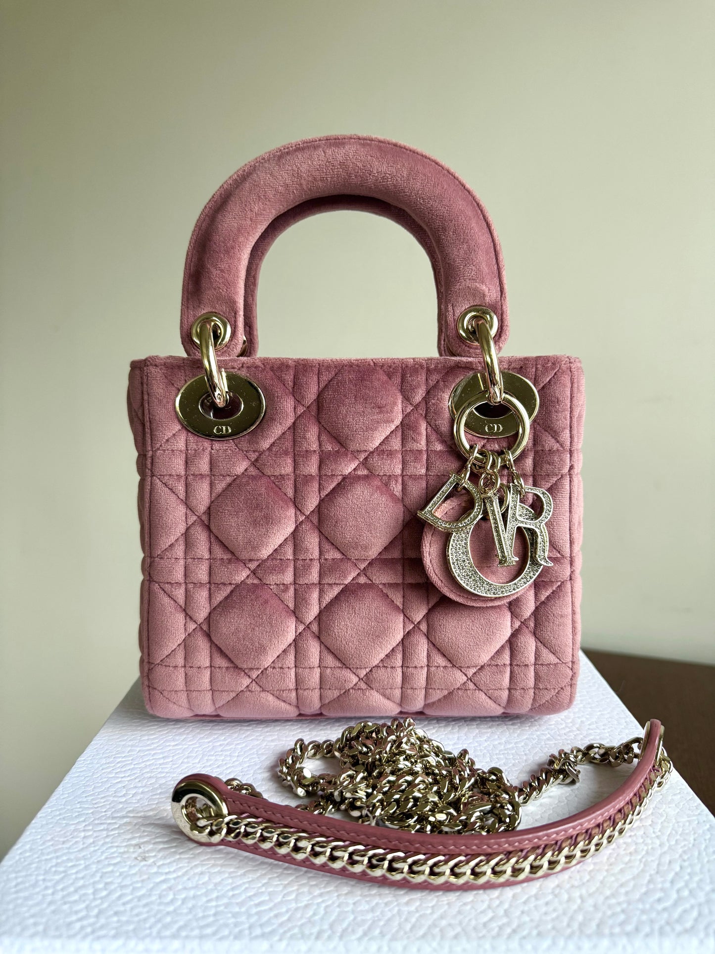 Pre-owned Dior Lady Dior Mini Crystal Dusty Rose Velvet Bag Limited Edition