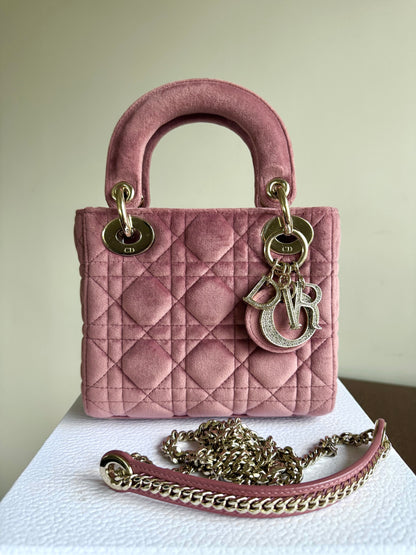 Pre-owned Dior Lady Dior Mini Crystal Dusty Rose Velvet Bag Limited Edition