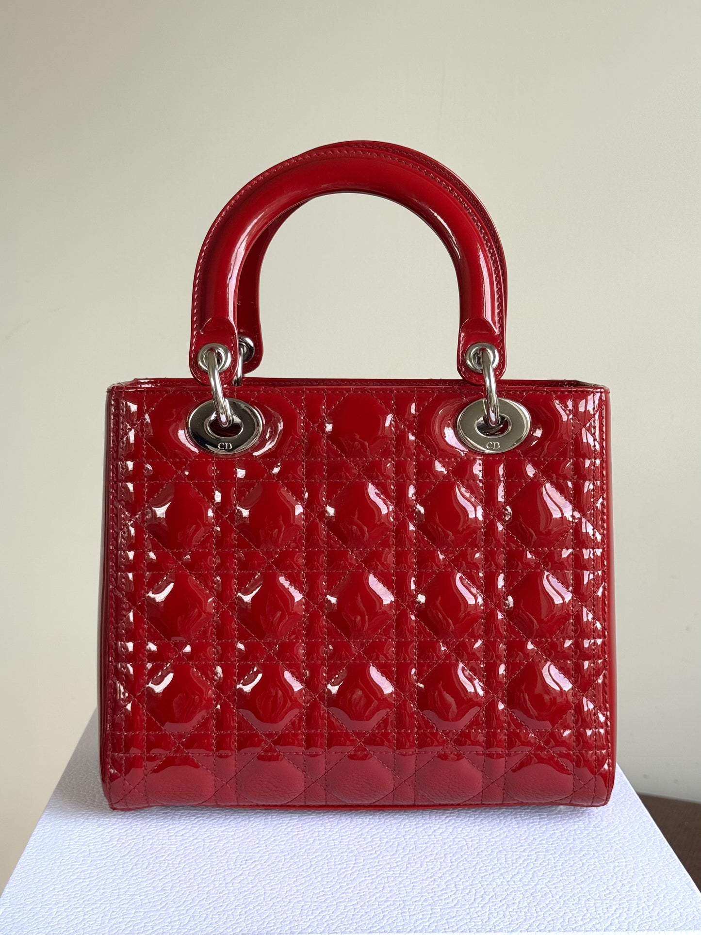 Pre-owned Dior Lady Dior Medium Burgundy Patent Leather Bag