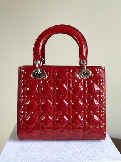 Pre-owned Dior Lady Dior Medium Burgundy Patent Leather Bag
