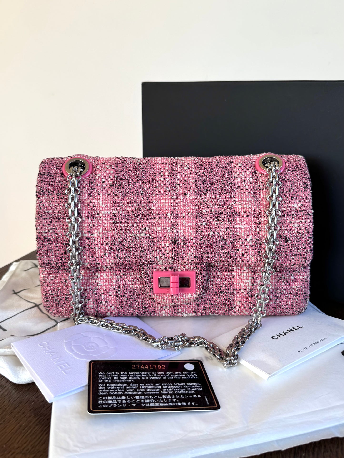 Pre-owned Chanel 2.55 Reissue 225 Medium Pink Tweed Flap Bag