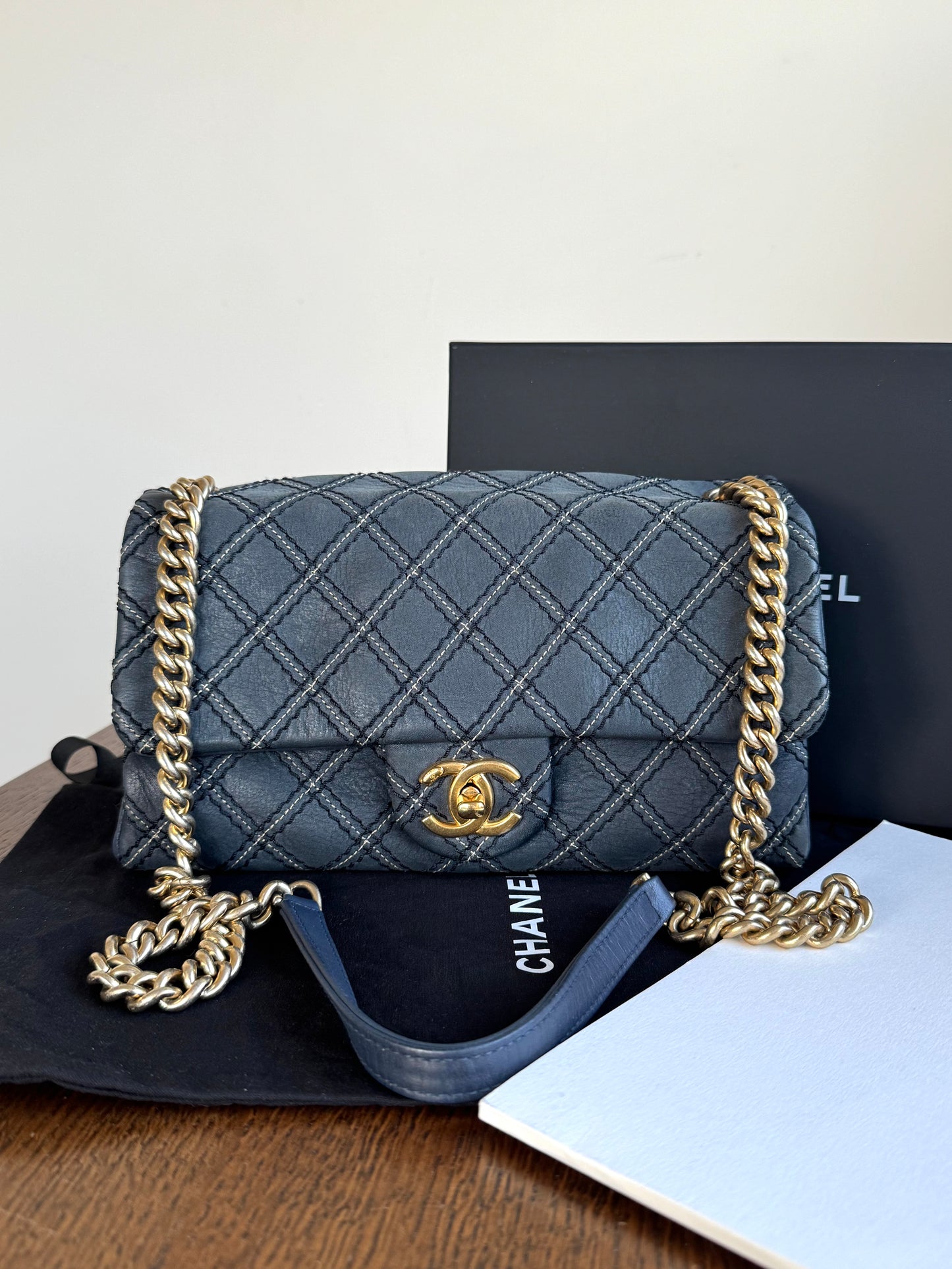 Pre-owned Chanel CC Stitch Quilted Blue Iridescent Leather Flap Bag