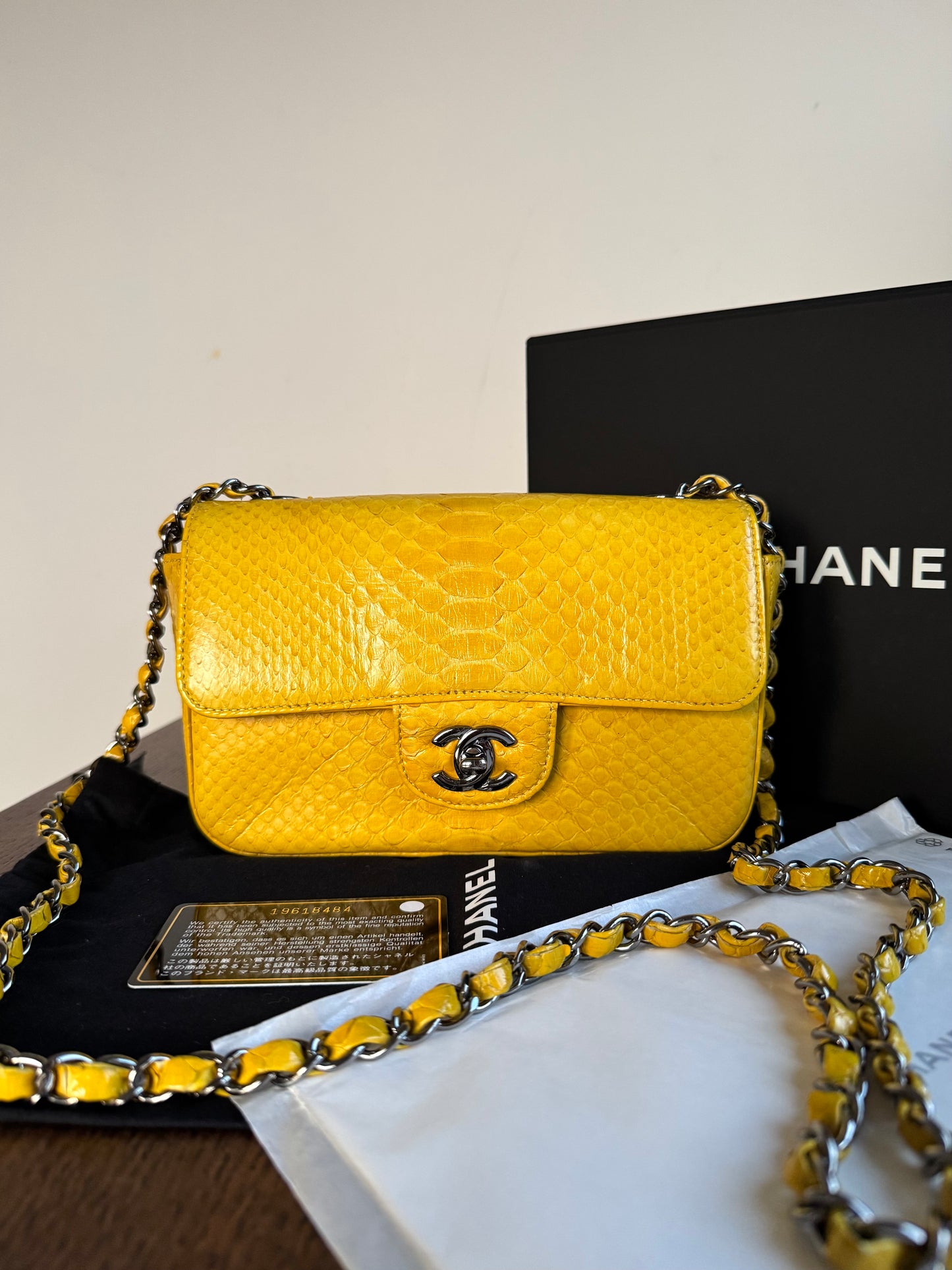 Pre-owned Chanel Timeless Mini Rectangle Yellow Python Flap Bag