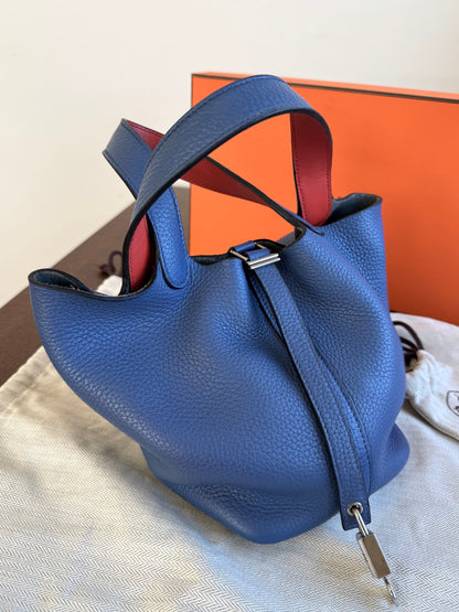 Pre-owned Hermès Picotin 18 Blue Brighton Capucine Clemence Bucket Bag