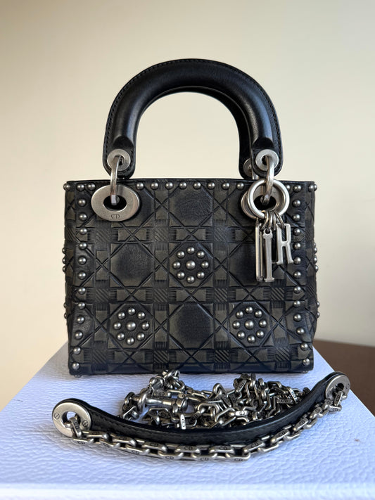 Pre-owned Dior Lady Dior Mini Studded Blacked Aged Calfskin Bag Limited Edition