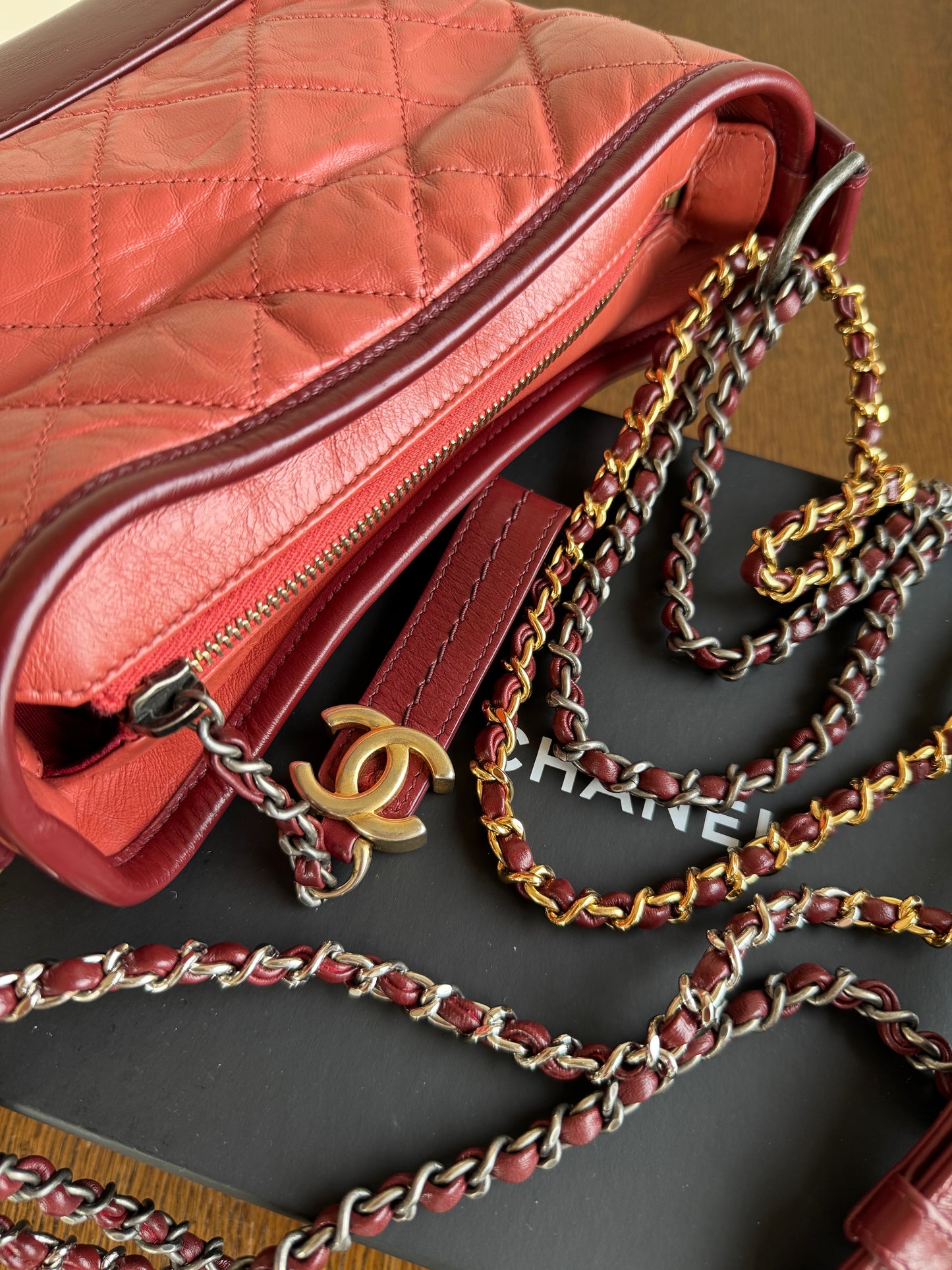 Pre-owned Chanel Gabrielle Small Brick Red Burgundy Leather Hobo Bag