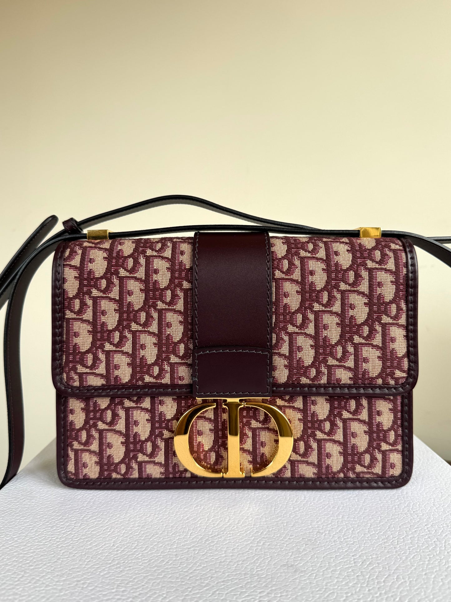 Pre-owned Dior 30 Montaigne Medium Burgundy Canvas Leather Bag