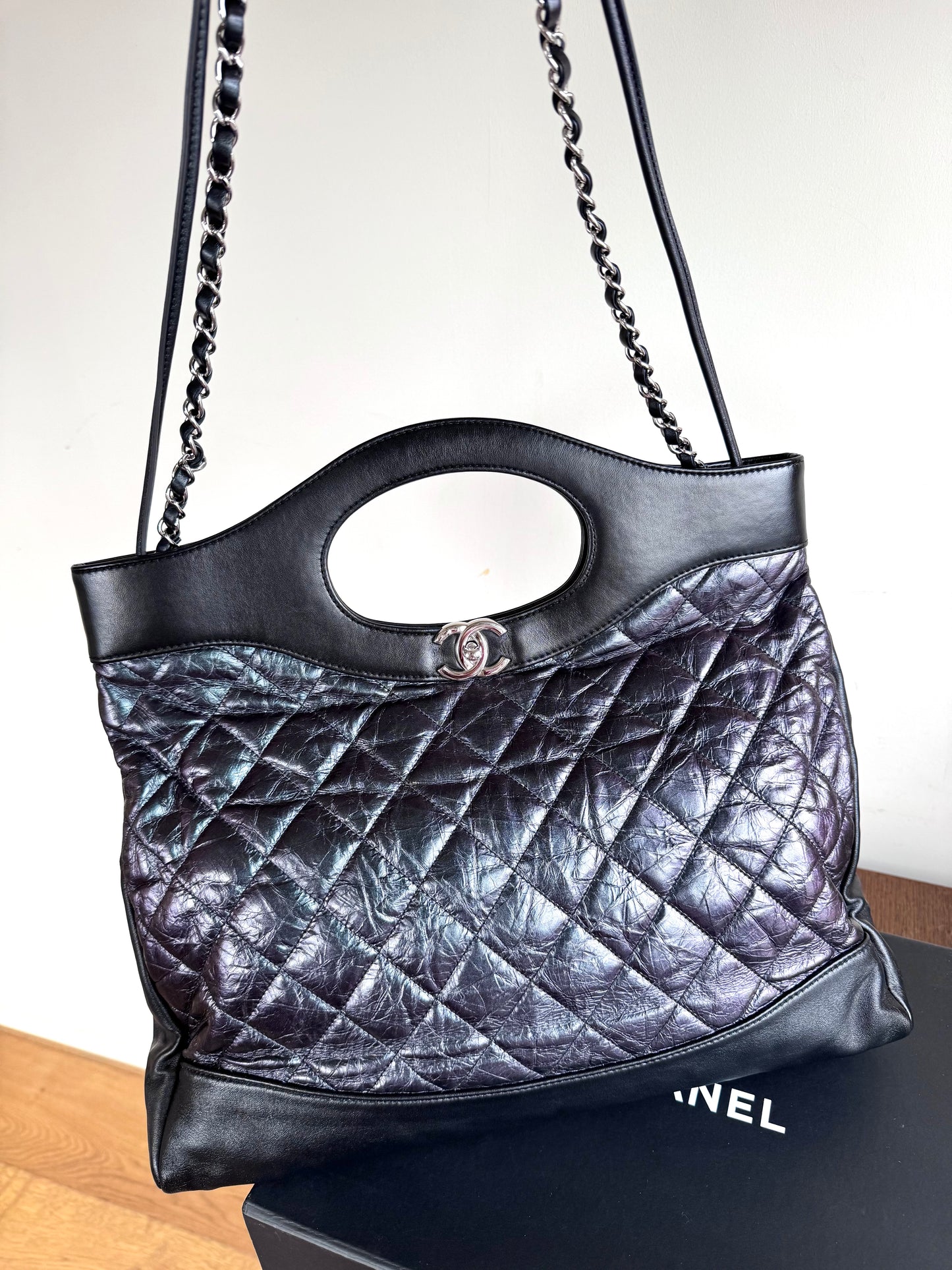 Pre-owned Chanel 31bag Large Black Purple Waxed Leather Tote Bag