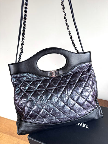 Pre-owned Chanel 31bag Large Black Purple Waxed Leather Tote Bag