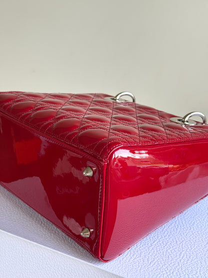 Pre-owned Dior Lady Dior Medium Burgundy Patent Leather Bag