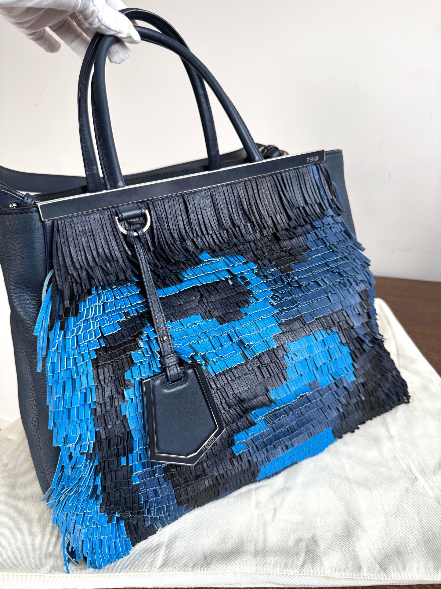 Pre-owned Fendi 2Jours Navy Blue Fringed Leather Bag