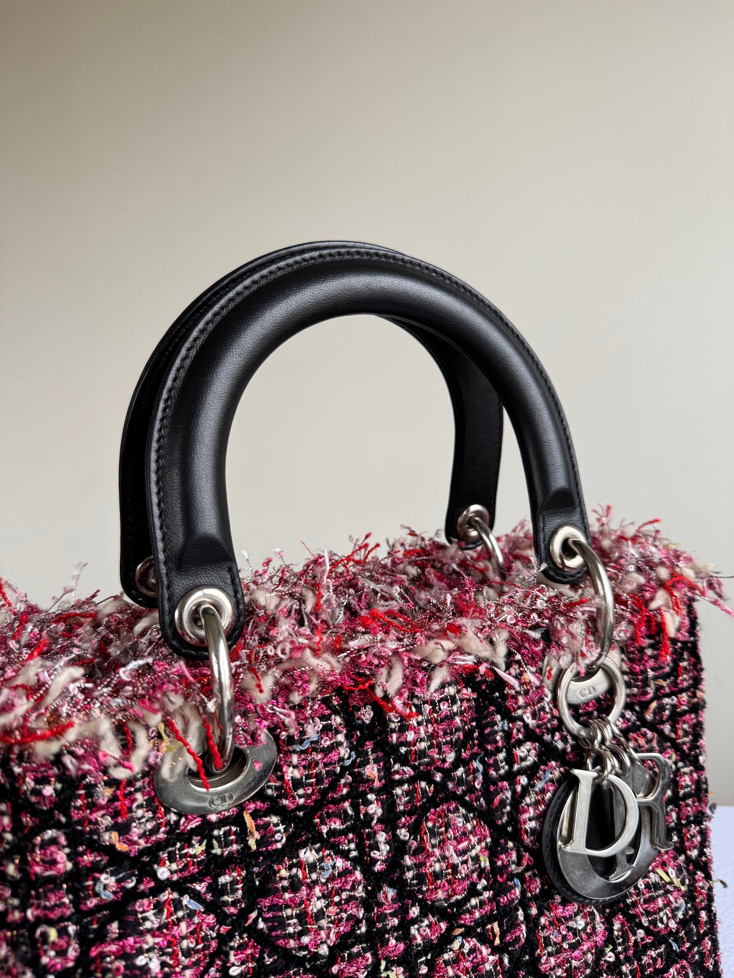 Pre-owned Dior Lady Dior Medium Black Pink Tweed Bag