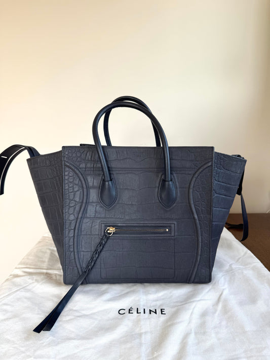 Pre-owned Céline Luggage Phantom Medium Dark Grey Crocodile Embossed Leather Tote Bag