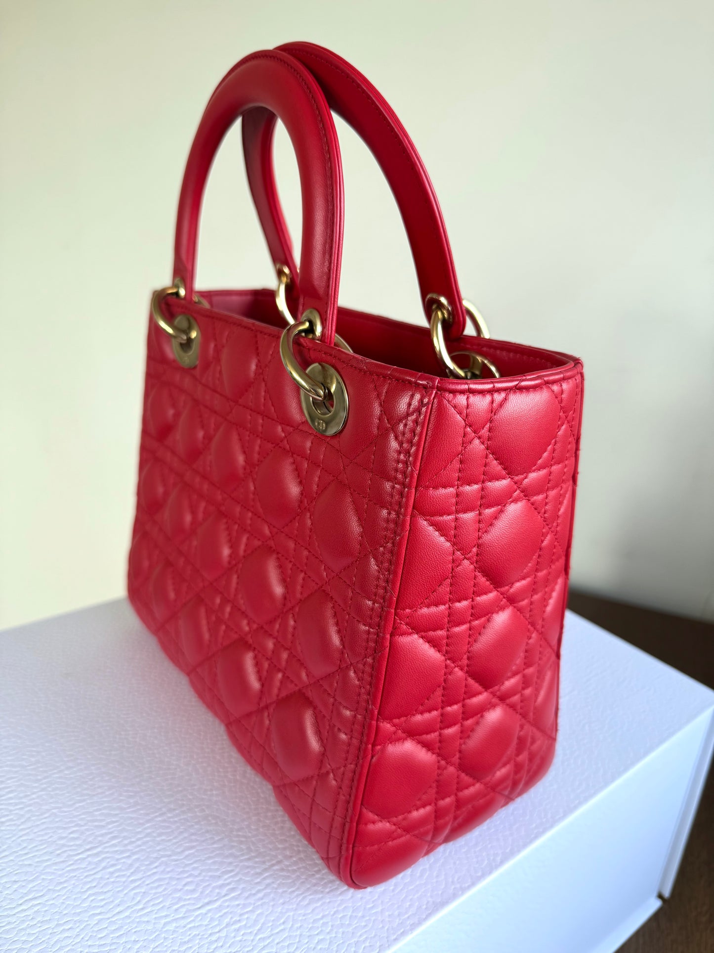 Pre-owned Dior Lady Dior Medium Red Lambskin Bag