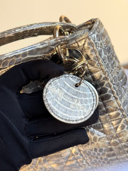 Pre-owned Dior Lady Dior Mini Metallic Grey Beige Python Bag