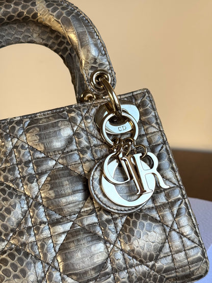 Pre-owned Dior Lady Dior Mini Metallic Grey Beige Python Bag