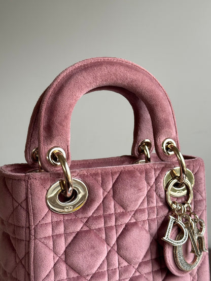 Pre-owned Dior Lady Dior Mini Crystal Dusty Rose Velvet Bag Limited Edition