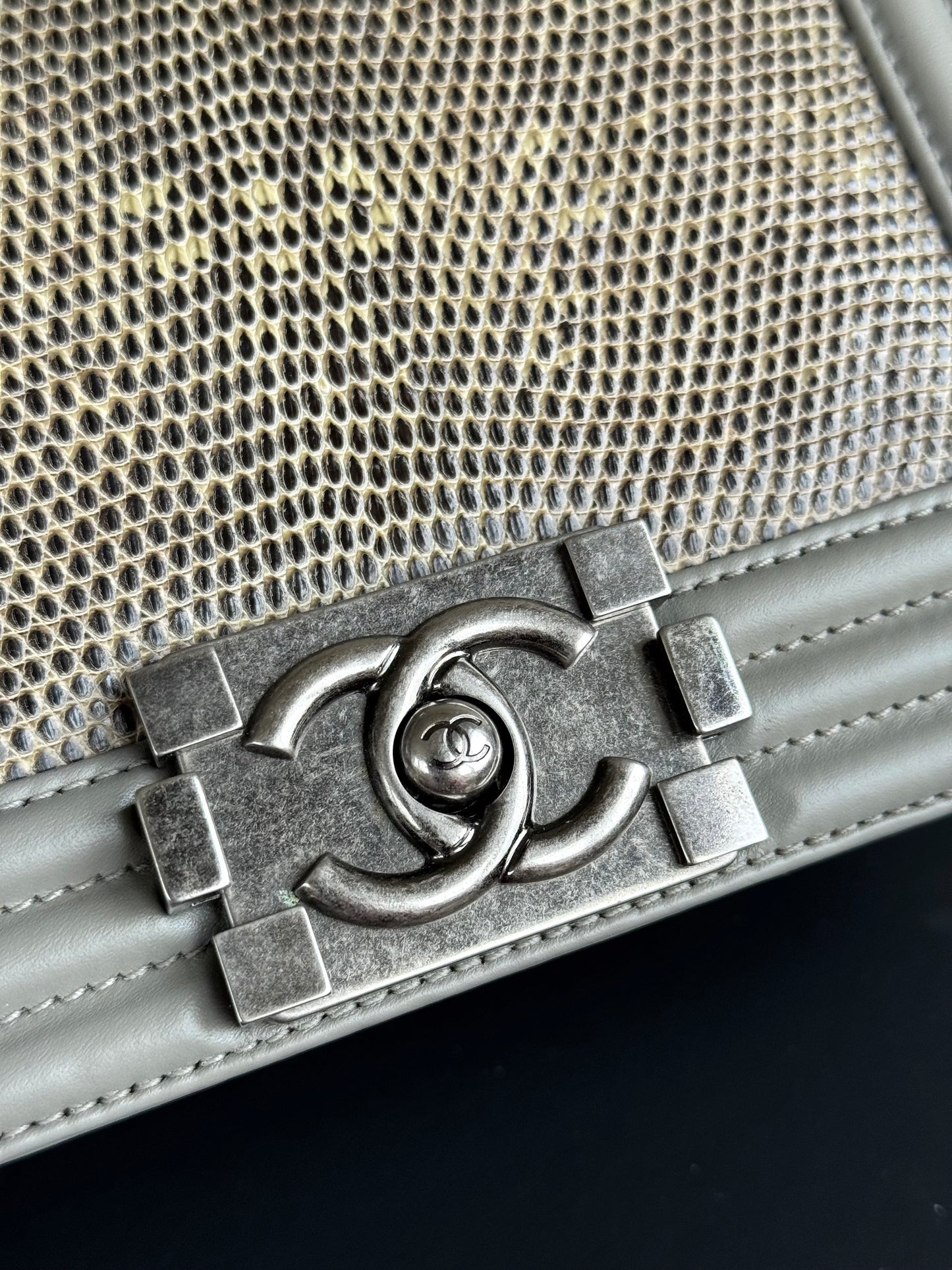Pre-owned Chanel Boy Small Grey Lizard Leather Flap Bag