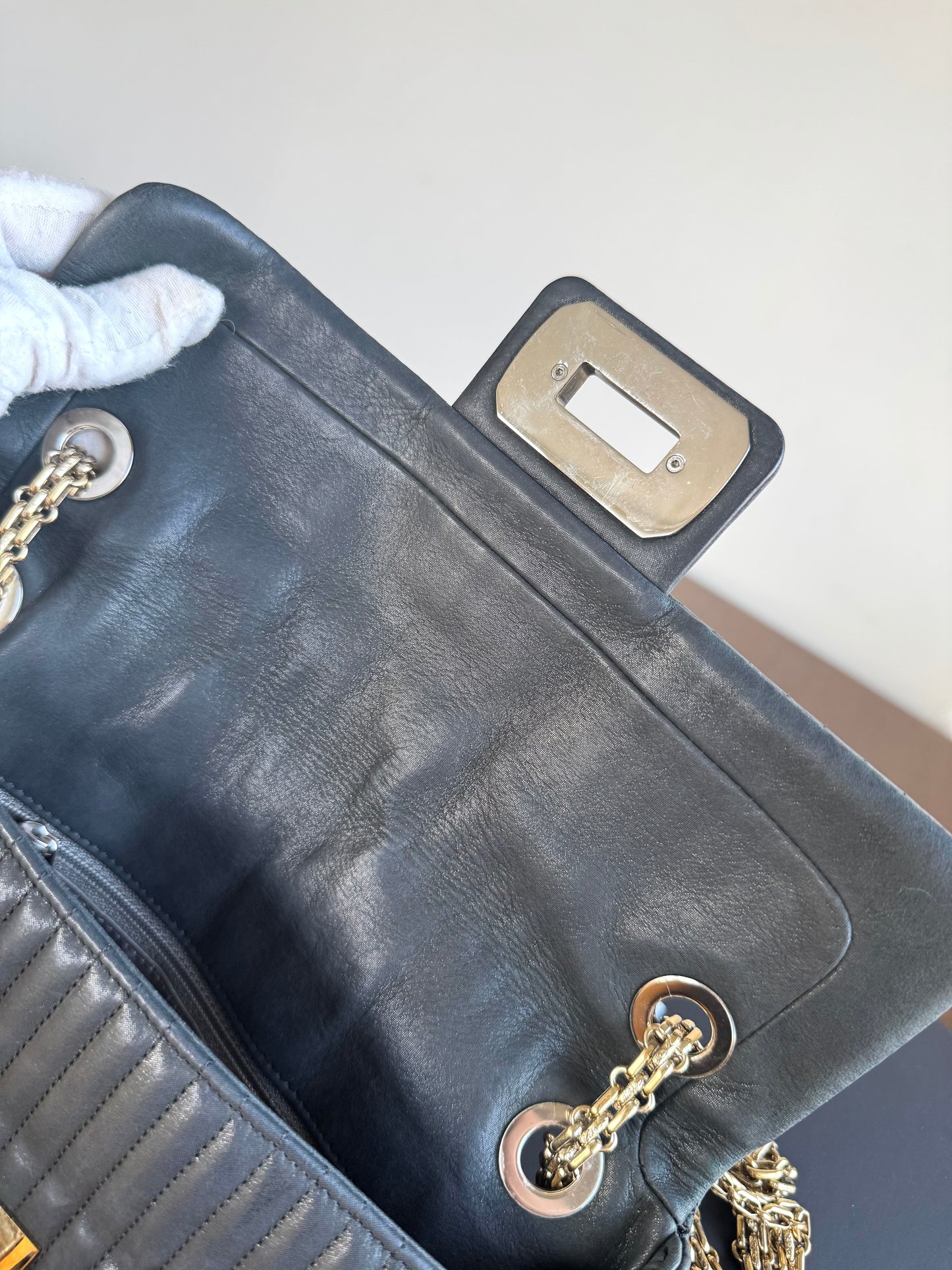 Pre-owned Chanel 2.55 Vertical Dark Grey Iridescent Leather Flap Bag
