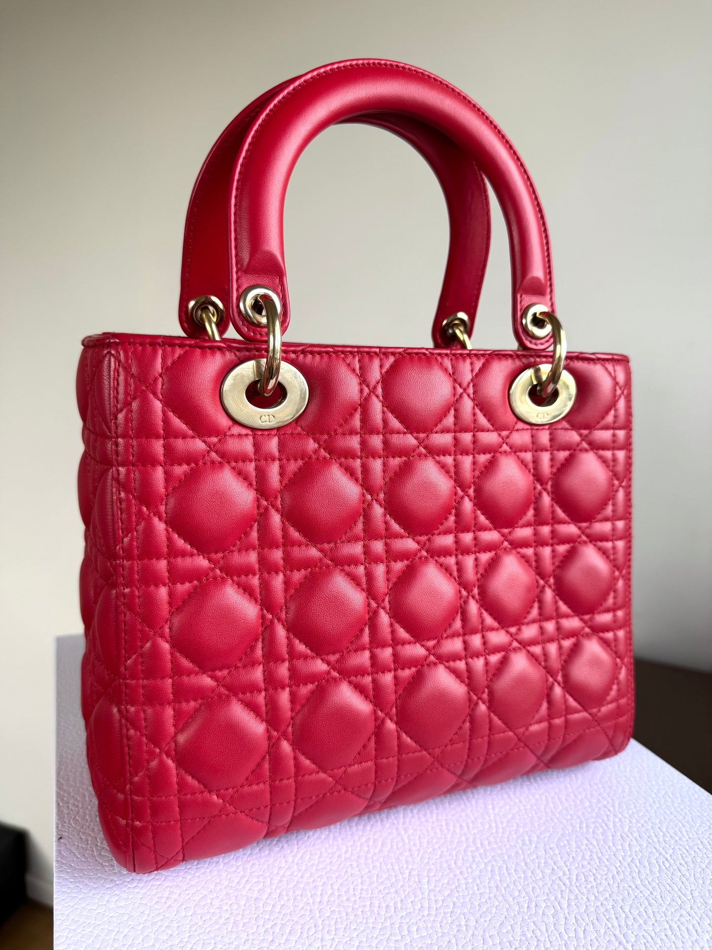 Pre-owned Dior Lady Dior Medium Red Lambskin Bag