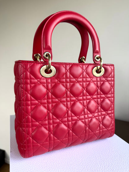 Pre-owned Dior Lady Dior Medium Red Lambskin Bag