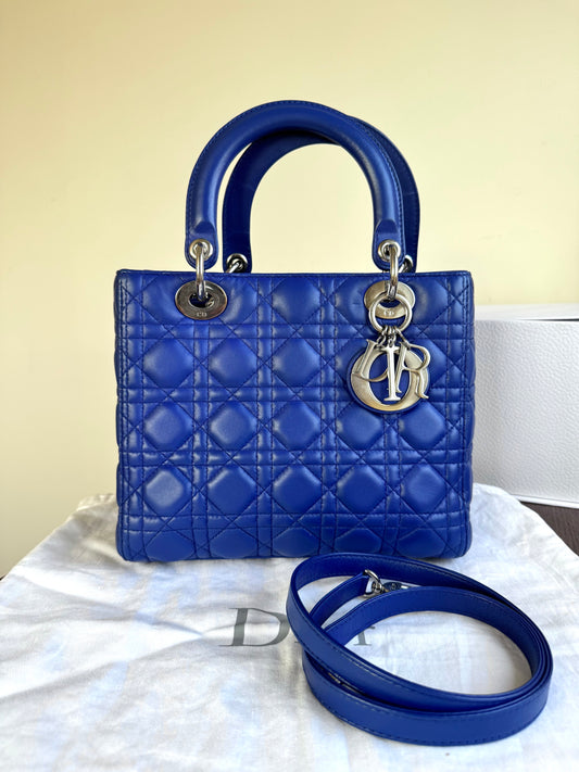 Pre-owned Dior Lady Dior Medium Blue Lambskin Bag