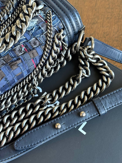 Pre-owned Chanel Boy Medium Blue Denim Tweed Leather Flap Bag