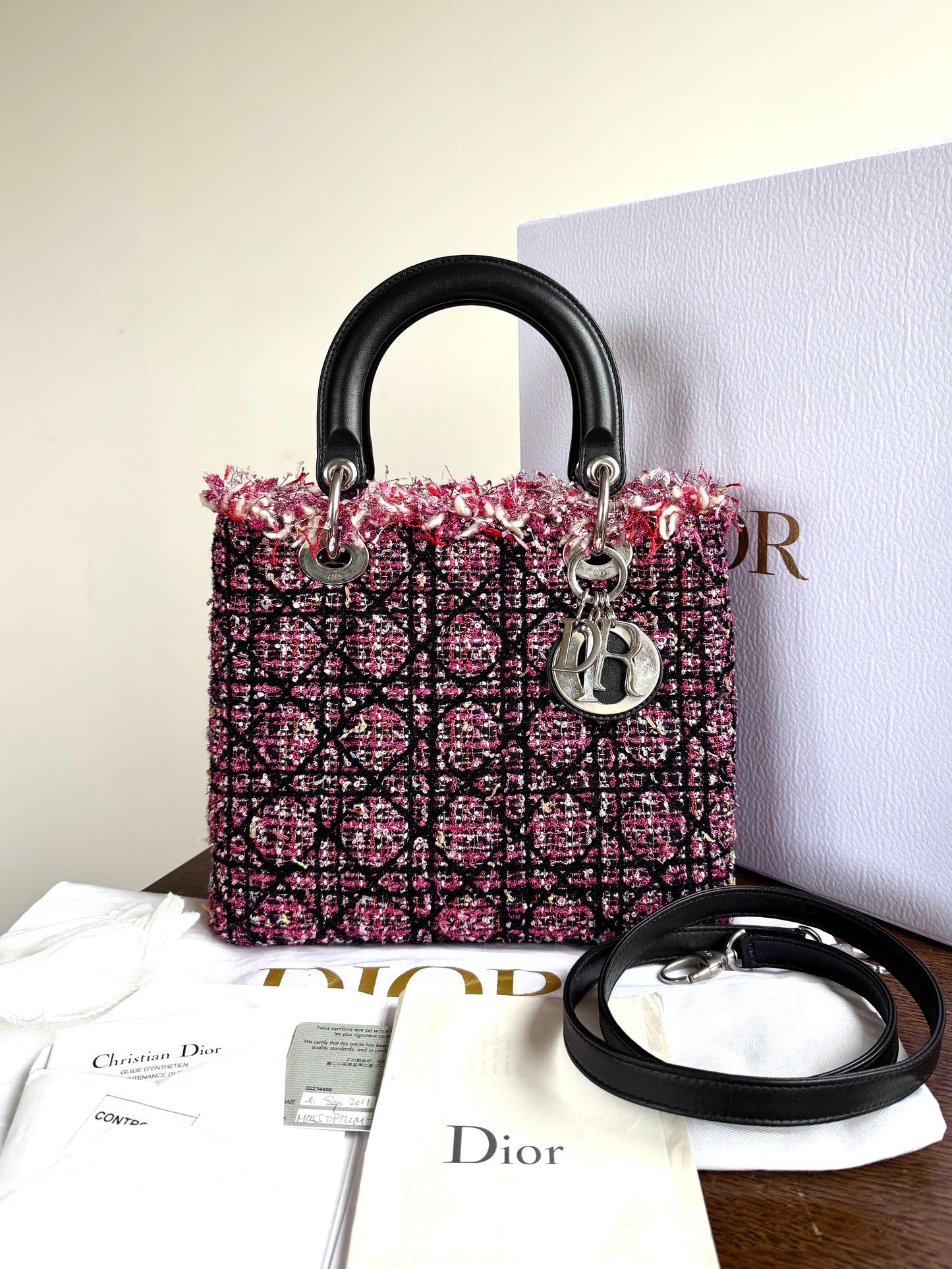 Pre-owned Dior Lady Dior Medium Black Pink Tweed Bag