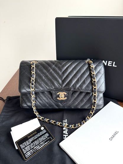 Pre-owned Chanel Timeless Classic Medium V-stitch Black Calfskin Flap Bag