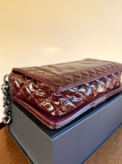 Pre-owned Chanel Boy Medium Burgundy Patent Leather Flap Bag