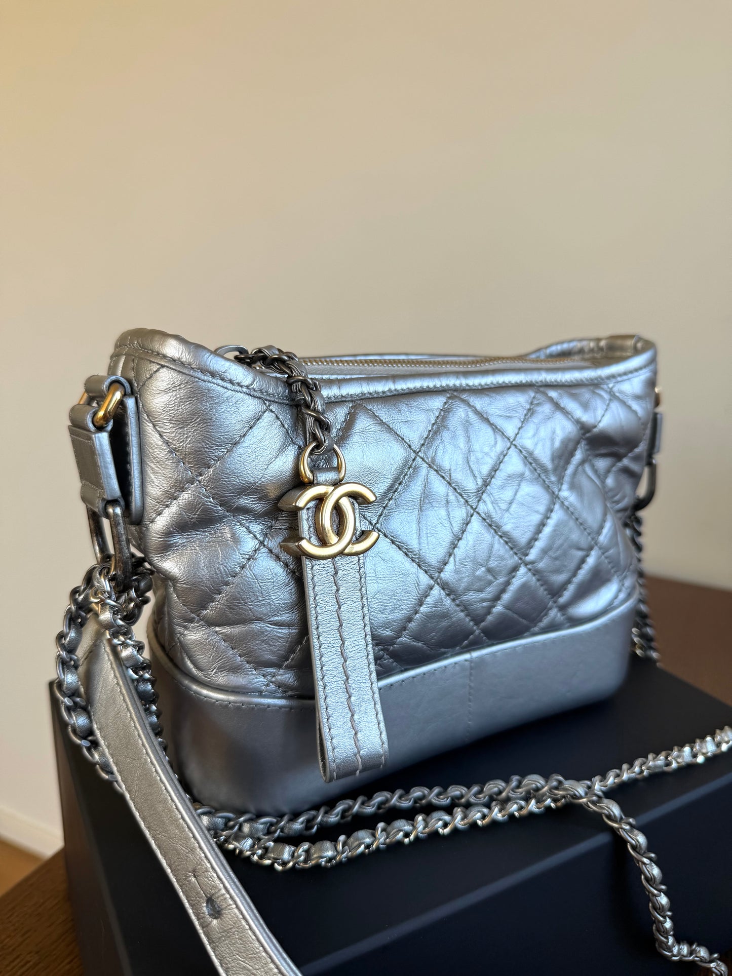 Pre-owned Chanel Gabrielle Small Silver Leather Hobo Bag
