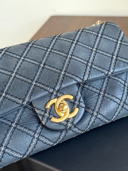Pre-owned Chanel CC Stitch Quilted Blue Iridescent Leather Flap Bag