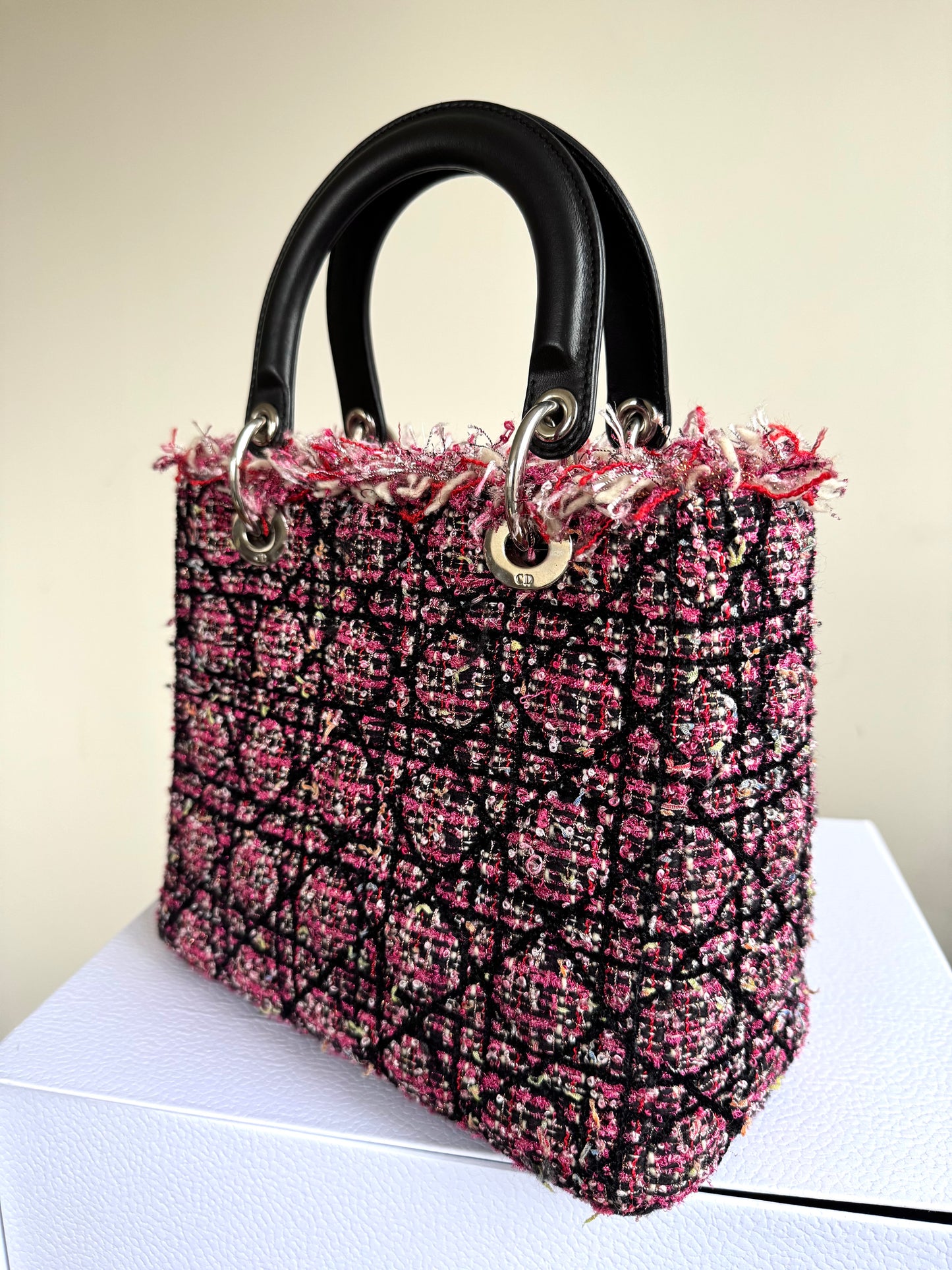 Pre-owned Dior Lady Dior Medium Black Pink Tweed Bag