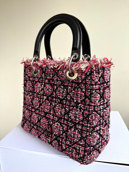 Pre-owned Dior Lady Dior Medium Black Pink Tweed Bag