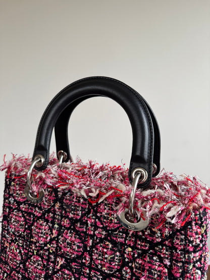 Pre-owned Dior Lady Dior Medium Black Pink Tweed Bag