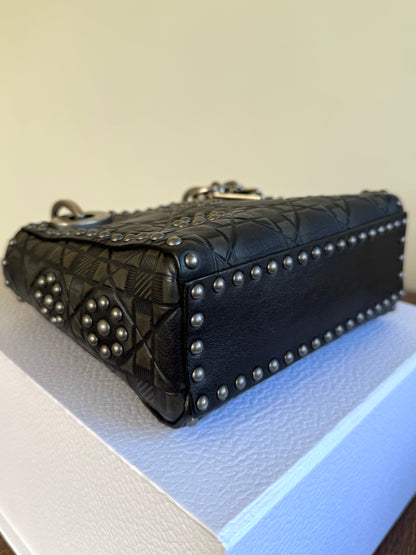 Pre-owned Dior Lady Dior Mini Studded Blacked Aged Calfskin Bag Limited Edition